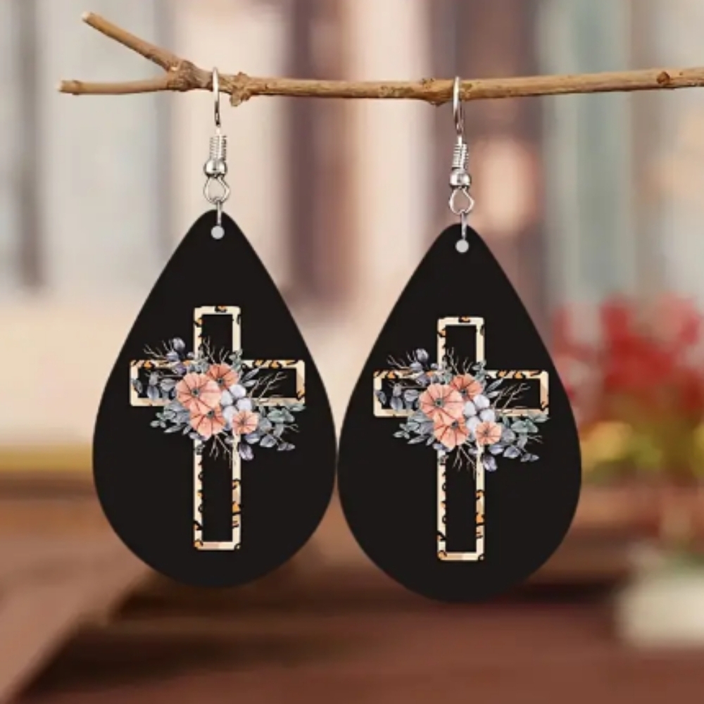 Wooden Cross Floral Earrings